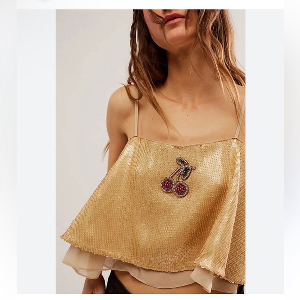 Free People Gold Sequin Camisole with Cherry Detail